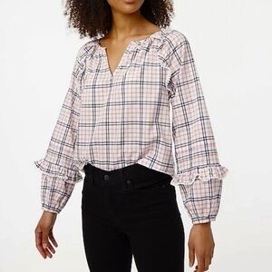 J. Crew Plaid Ruffle Trim Peasant Top Warm Ivory Rose size medium